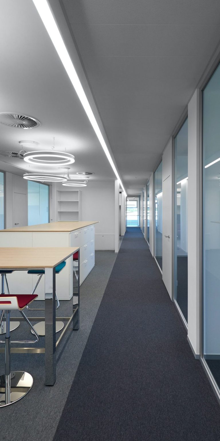 Modern Bürogang mit Glaswänden, hell erleuchtet und Teppichboden.