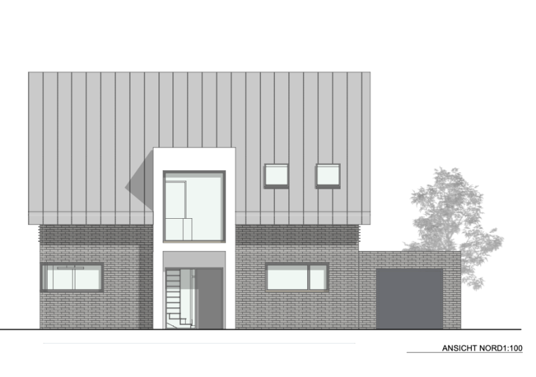 Einfamilienhaus mit modernem Design, rechteckigem Grundriss und flachem Dach.