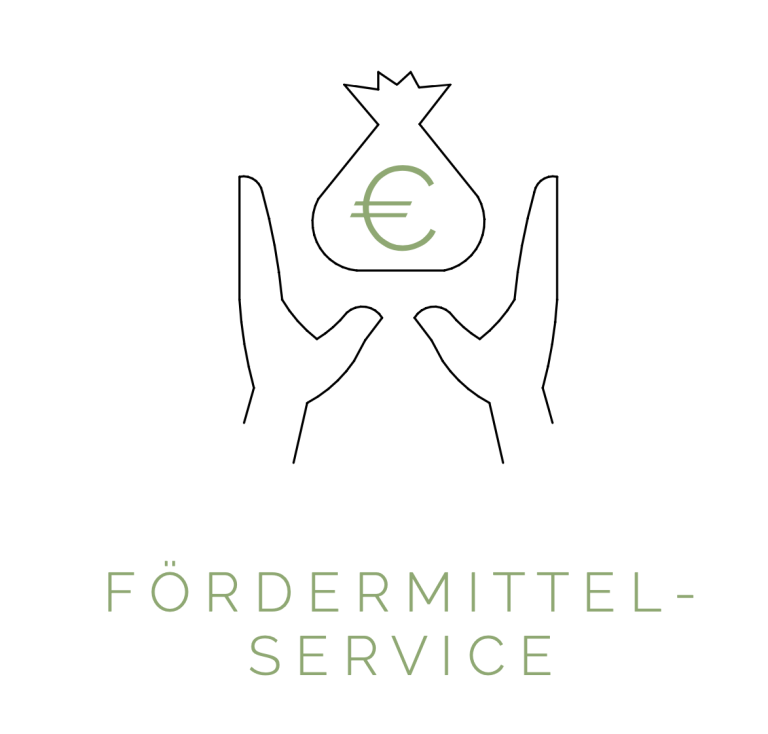 Zwei Hände halten einen Geldsack mit einem Eurozeichen, darunter der Text "Fördermittel-Service".
