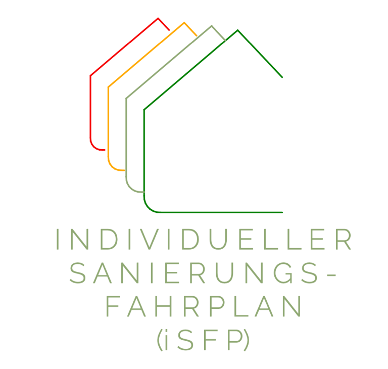 Logo für individuellen Sanierungsfahrplan mit stilisierten Hauslinien in verschiedenen Farben.